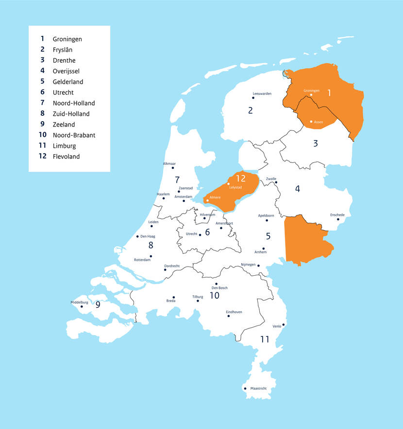 Kaart van Nederland waarin de vier pilotregio's zijn aangegeven waarin VUM in de praktijk beproefd wordt.